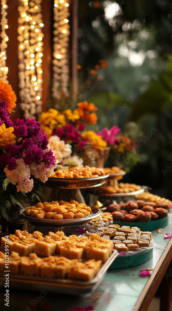 A cozy home setting with traditional Indian Diwali decorations like flowers, lights, and boho decor. A table is decorated for festive feasting, featuring Indian sweets in colorful