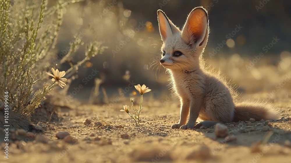 Obraz premium A tiny fox perched on a barren field beside a field of lush green grass and a sunny yellow bloom