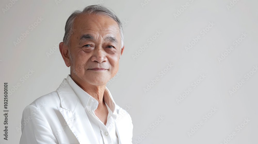 Confident Elderly Asian Man in White Business Suit. Concept of Professionalism, Leadership, Senior Confidence. White background. Copy space Confident Elderly Asian Man in White Business Suit. Concept of Professionalism, Leadership, Senior Confidence. White background. Copy space