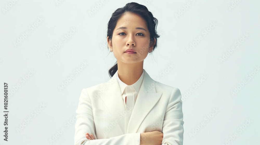Confident Asian Woman in White Business Suit Facing Camera. Concept of Professionalism, Modern Business Attire, Strong Leadership. White background. Copy space Confident Asian Woman in White Business Suit Facing Camera. Concept of Professionalism, Modern Business Attire, Strong Leadership. White background. Copy space
