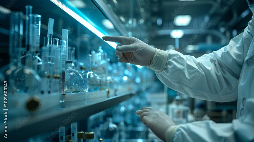 Scientist wearing protective gloves working in a laboratory Scientist wearing protective gloves working in a laboratory