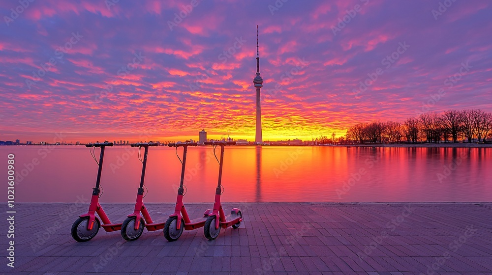 Fototapeta premium Electric Scooters at Sunset with City Skyline and Tower.