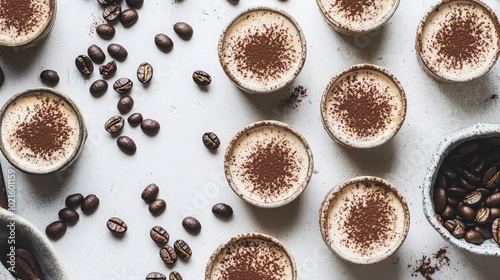 A flat lay of small cups of coffee dessert topped with cocoa powder and scattered coffee beans.