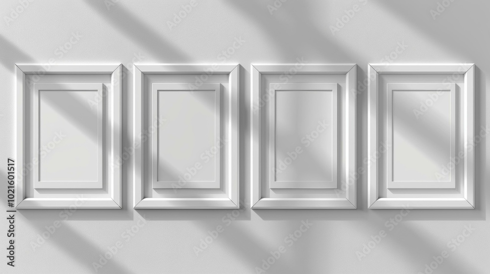 Four white frames on a white concrete wall with soft shadows Four white frames on a white concrete wall with soft shadows