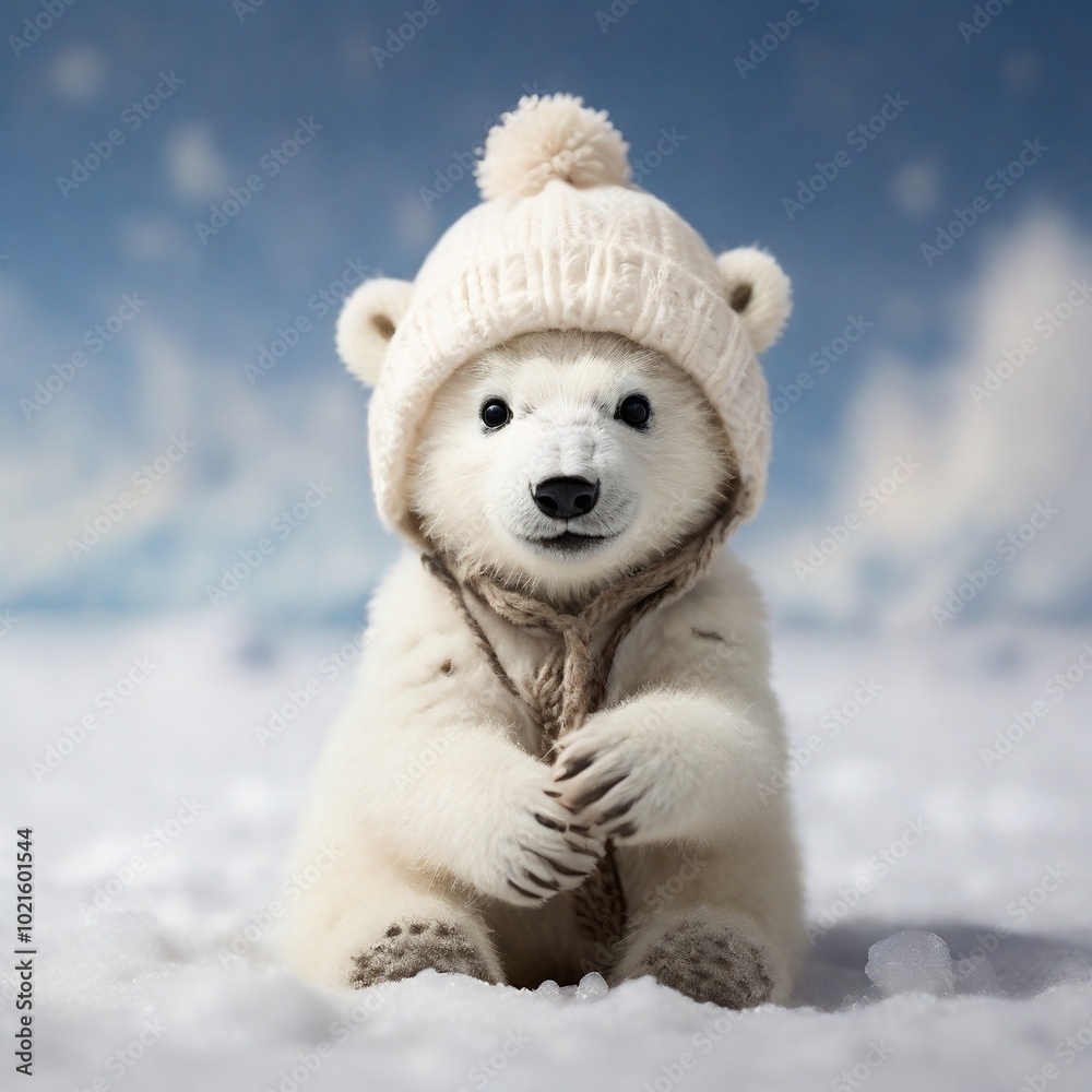 cute bear cub wearing a tiny hat, playing in the snow, bringing a touch of whimsy to the frozen landscape. cute bear cub wearing a tiny hat, playing in the snow, bringing a touch of whimsy to the frozen landscape.