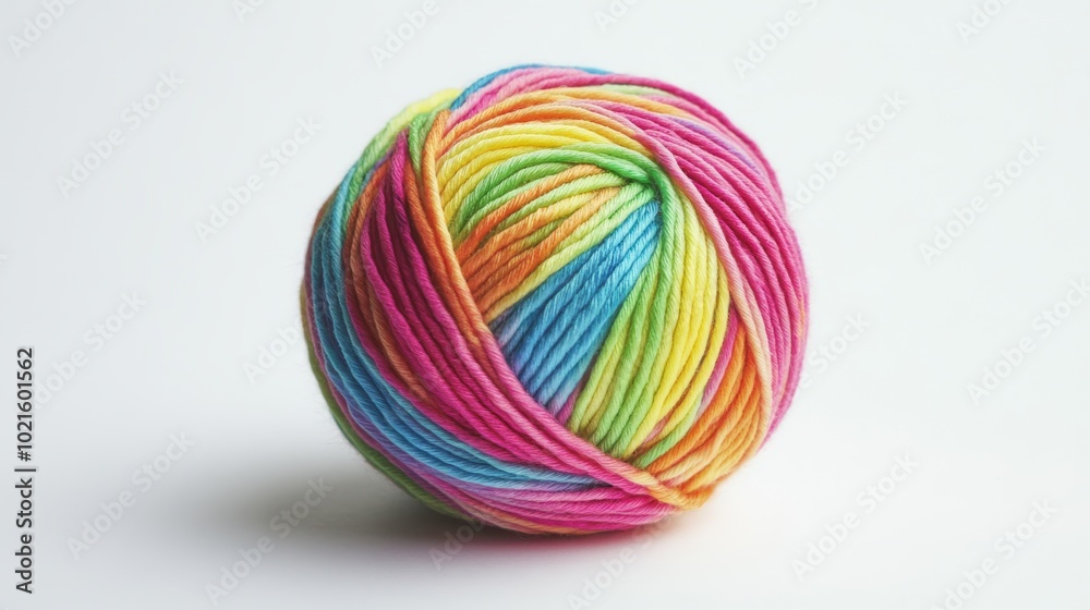 A colorful ball of yarn sits alone against a plain white backdrop. It's made of soft, woven strands. A colorful ball of yarn sits alone against a plain white backdrop. It's made of soft, woven strands.
