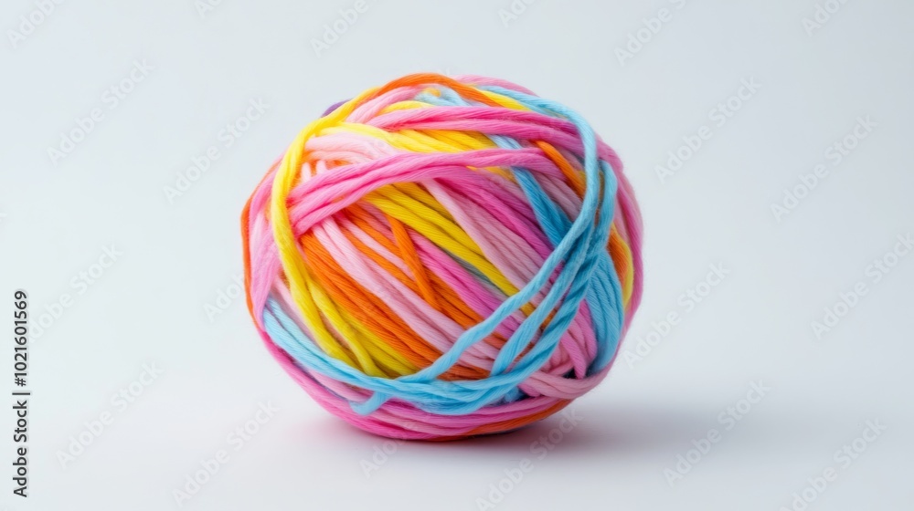 A colorful ball of yarn sits alone against a plain white backdrop. It's made of soft, woven strands. A colorful ball of yarn sits alone against a plain white backdrop. It's made of soft, woven strands.