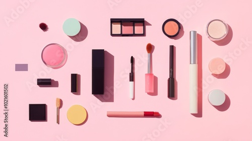 A collection of makeup and beauty items arranged on a pink background, viewed from above.