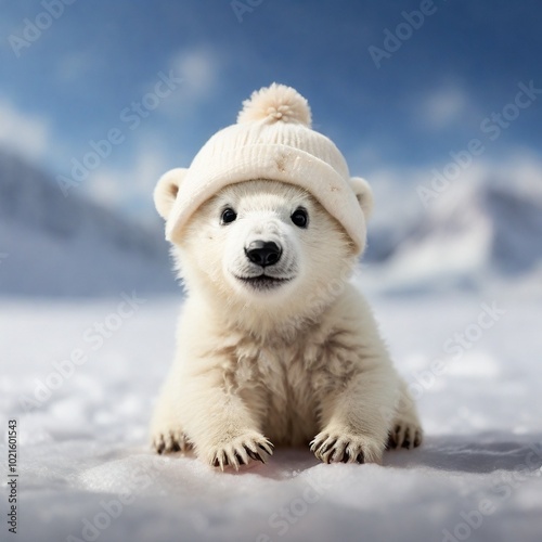  An adorable polar bear cub wearing a tiny hat, playing in the snow, bringing a touch of whimsy to the frozen landscape.