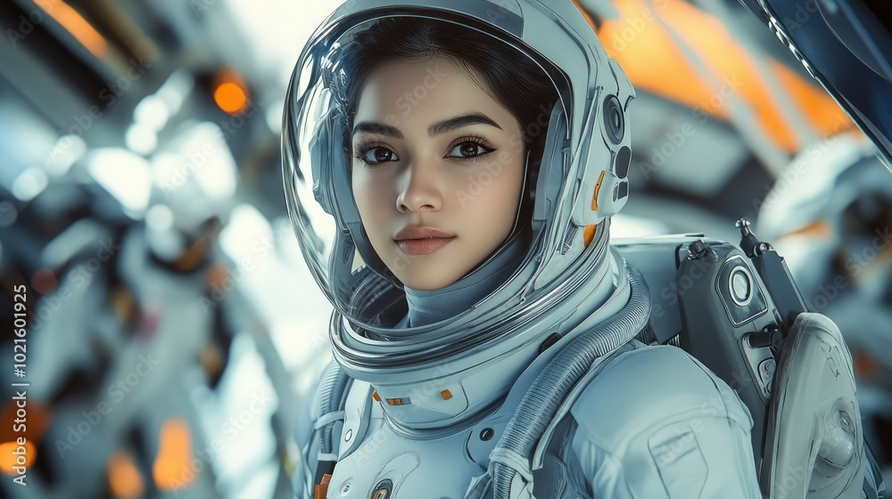 Female Astronaut Wearing White Space Suit with Helmet Female Astronaut Wearing White Space Suit with Helmet