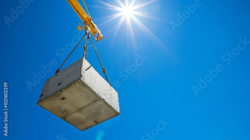 Large crane lifting a concrete block on a construction site during sunset. Concept of urban development, construction machinery, modern infrastructure