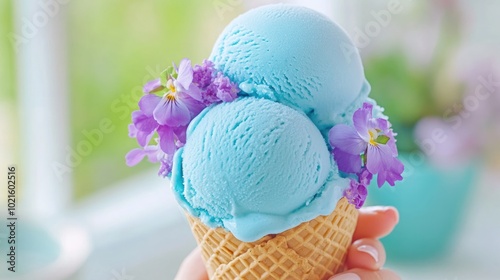 Bright Cyan-Blue Ice Cream Scoops Naturally Colored with Red Cabbage Pigment in Artisanal Cone with Flower Accents