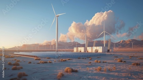 Large wind turbines and solar panels in the desert photo