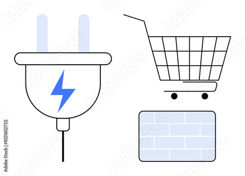 Simple design with electric power plug, shopping cart, and brick wall rectangle. Ideal for technology, retail, energy, construction, and e-commerce themes. Minimalist cartoon style elements are