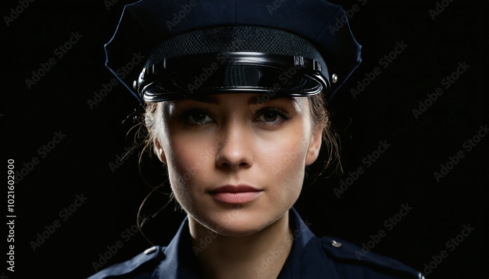 A close-up portrait of a confident female police officer in uniform. A close-up portrait of a confident female police officer in uniform.