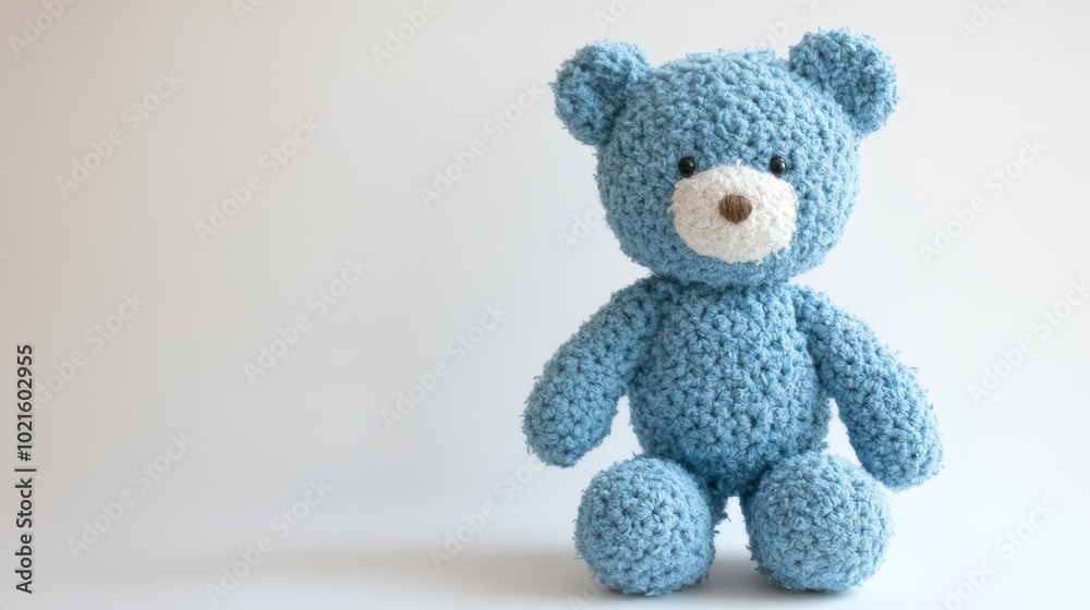 A cute, blue teddy bear made by hand, standing alone against a white backdrop.
