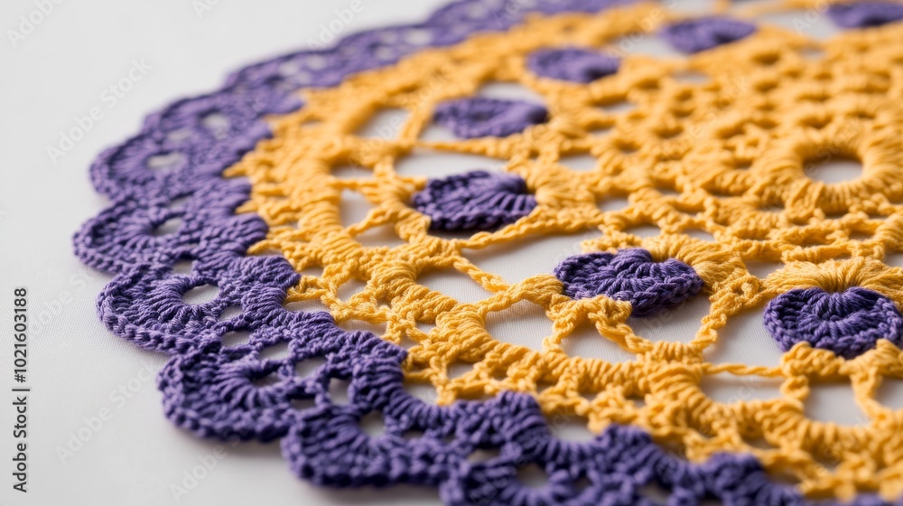 Obraz premium A delicate, yellow and purple crocheted lace doily rests on a white surface. The intricate design of the doily is highlighted by the white background.