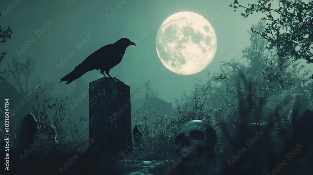 Obraz premium Halloween and horror theme: a haunting old graveyard at night with a creepy crow perched atop a human skull with a full moon in the background.