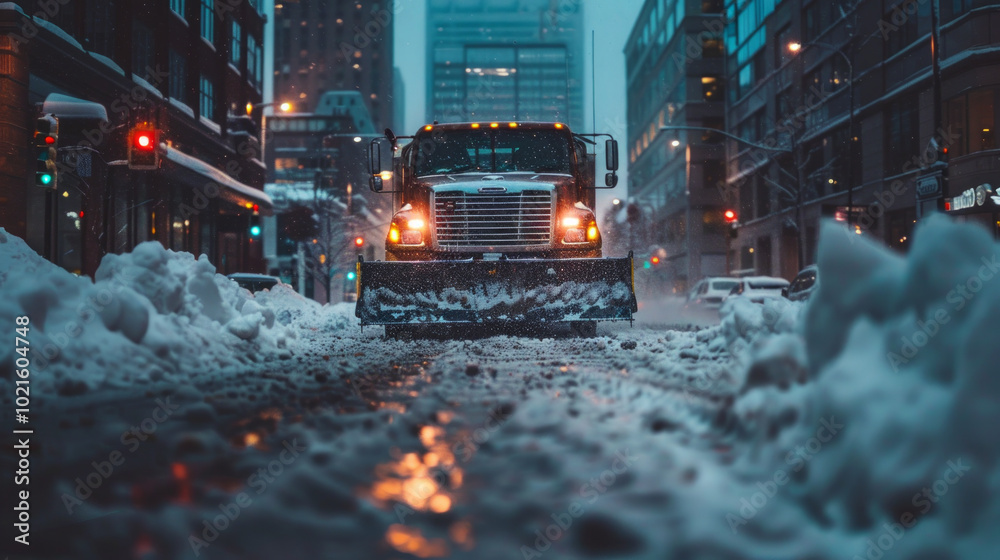 Bright Orange Snowplow Truck Clearing a Snow-Covered Urban Street. Concept of winter weather, city maintenance, snow removal Bright Orange Snowplow Truck Clearing a Snow-Covered Urban Street. Concept of winter weather, city maintenance, snow removal
