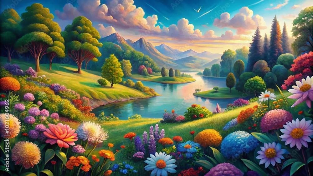 Vibrant Acrylic Painting of Nature with Lush Greenery, Colorful Flowers, and Serene Landscape Views Vibrant Acrylic Painting of Nature with Lush Greenery, Colorful Flowers, and Serene Landscape Views