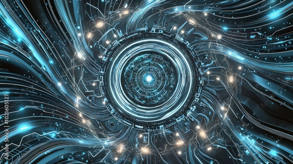A futuristic, abstract design of a circular digital portal with swirling blue energy.