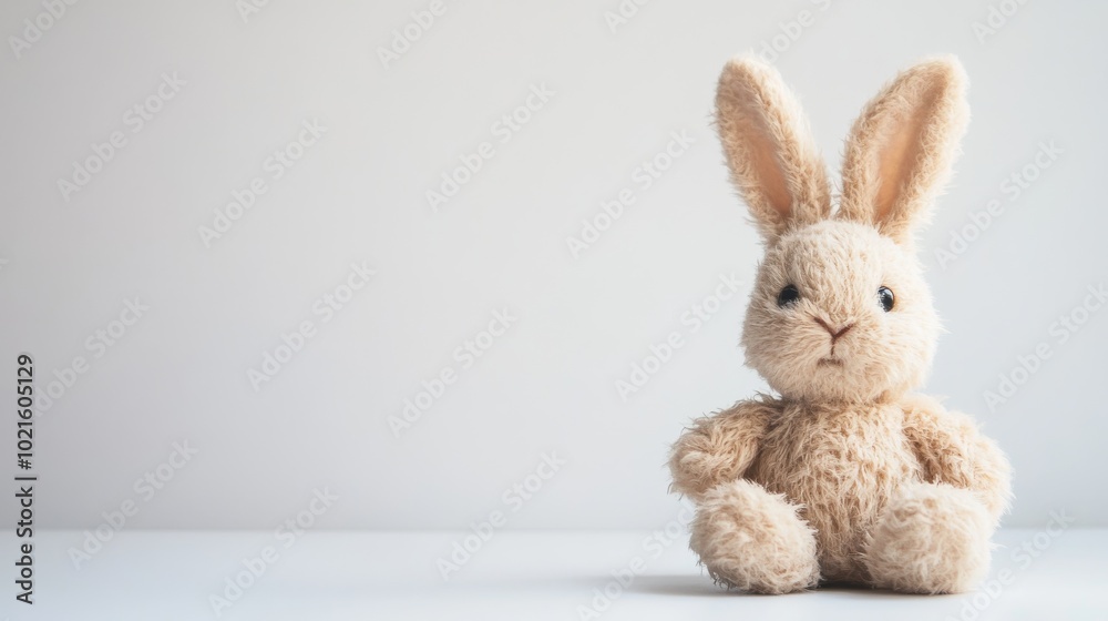 Obraz premium A fluffy bunny toy sits against a plain white backdrop.