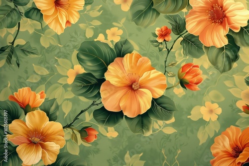 Wallpaper Mural Orange hibiscus flowers and buds on a green background Torontodigital.ca
