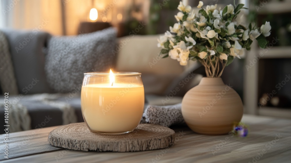 A fragrant candle burns in a glass jar, creating a cozy and inviting atmosphere at home. The candle's scent and light provide relaxation and warmth, perfect for winter evenings.