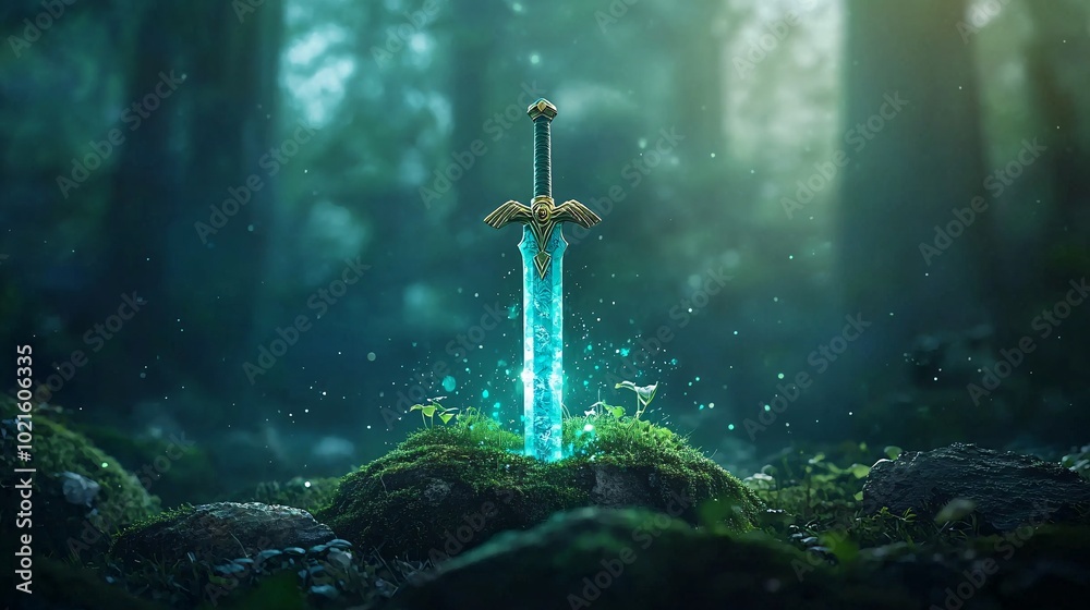 Naklejka premium Magical Sword in a Forest.