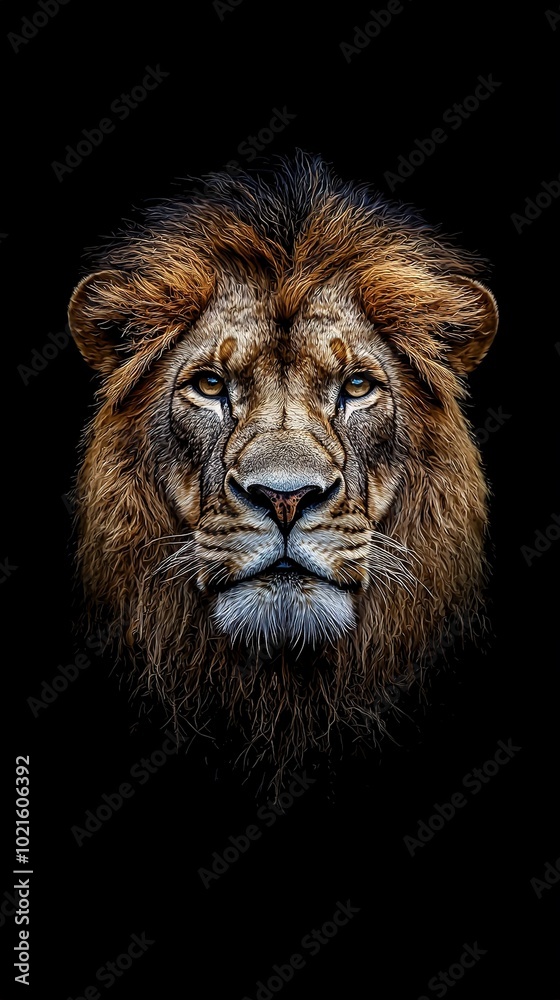 A close-up of a black lion on a black background with a white head A close-up of a black lion on a black background with a white head