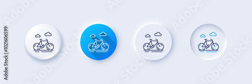 Bike line icon. Neumorphic, Blue gradient, 3d pin buttons. City bicycle transport sign. Outdoor transportation symbol. Line icons. Neumorphic buttons with outline signs. Vector