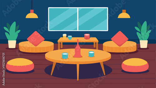 The lounge also features a section with large floor pillows and a low wooden table perfect for lounging and socializing with friends.