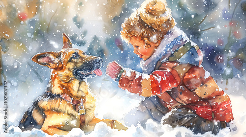 Watercolor illustration of a Caucasian Girl Playing with a German Shepherd in the Snow. Concept of winter fun, childhood joy, and animal companionship