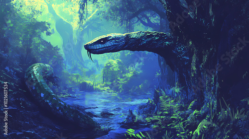 Surreal digital painting of a lush alien jungle with a giant snake-like creature lurking in the foreground. Alien Jungle. Illustration photo