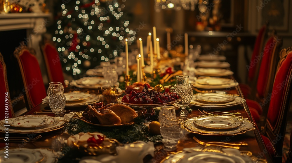 A cozy Christmas dinner table setting with festive decorations, a glowing fireplace, a beautifully lit Christmas tree, and presents by the window A cozy Christmas dinner table setting with festive decorations, a glowing fireplace, a beautifully lit Christmas tree, and presents by the window