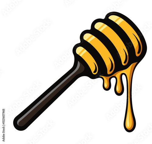 Vector illustration of a bee wooden honey spoon with a drop of liquid, cartoon-style honey dipper dripping with golden honey, outline, and icon.