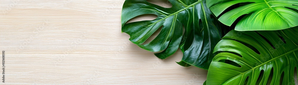 Obraz premium Green Monstera Leaves on Light Wood Background.