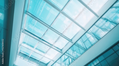 An architectural detail of a glass ceiling in a modern gallery space, with soft light filtering through to illuminate the art below