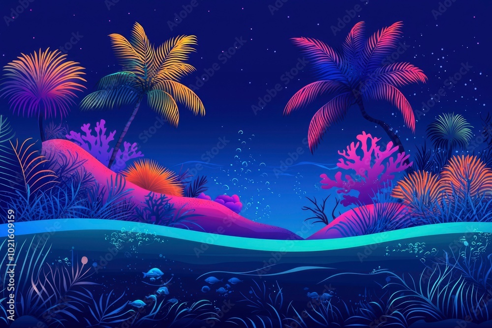 Nighttime Tropical Island Landscape with Underwater View Nighttime Tropical Island Landscape with Underwater View