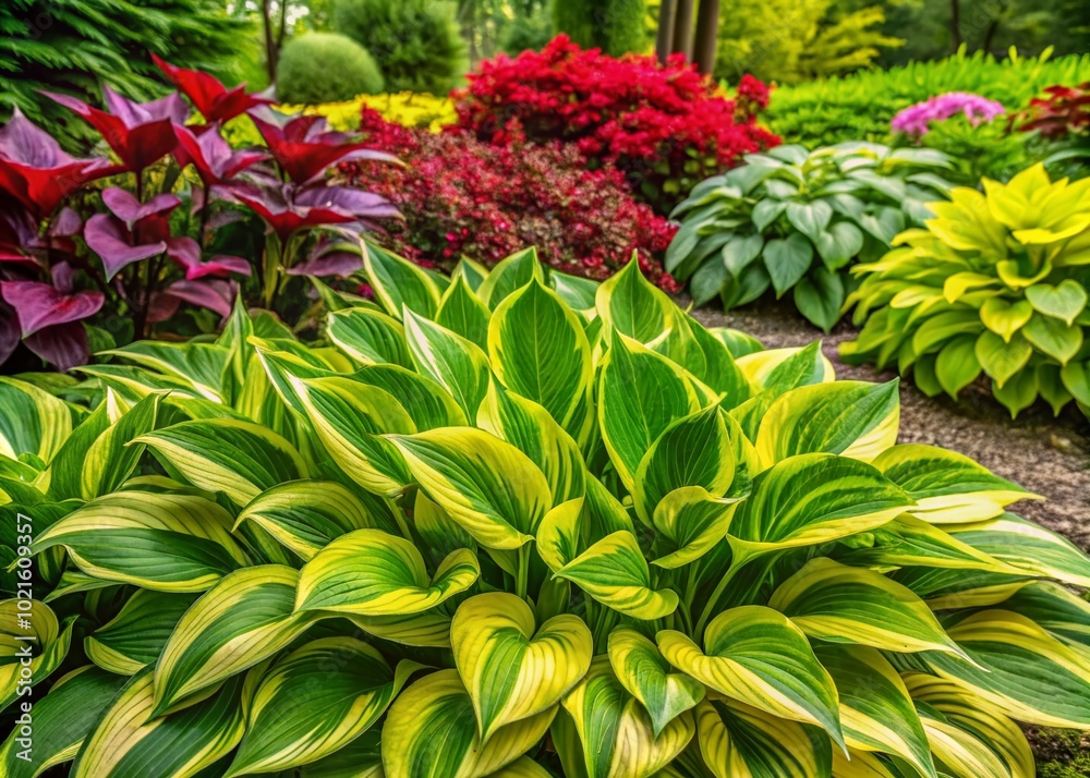 Fototapeta premium Vibrant Blooming Hostas in a Lush Garden Setting Showcasing Their Beautiful Leaves and Flowers in Full Spring Splendor