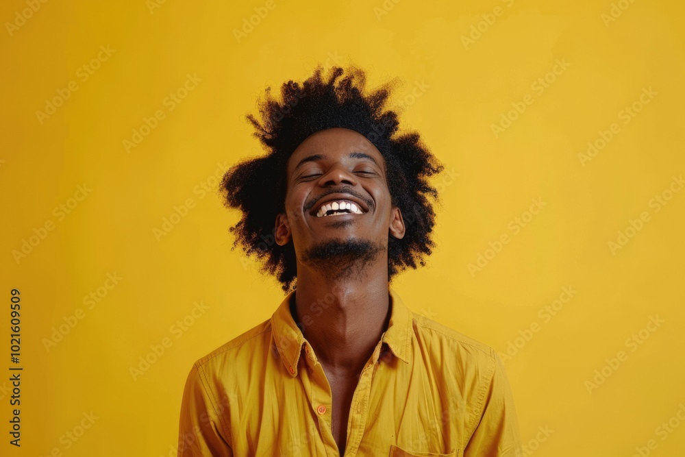 Fototapeta premium Happy smiling afro man posing on yellow studio background.