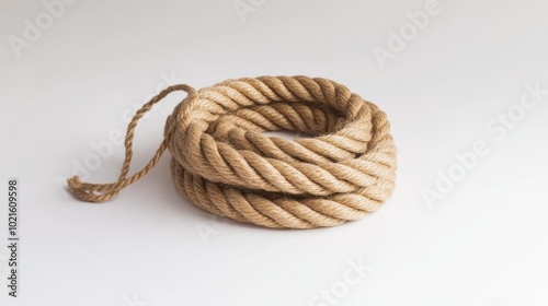 A natural jute rope is coiled up and photographed against a plain white background.