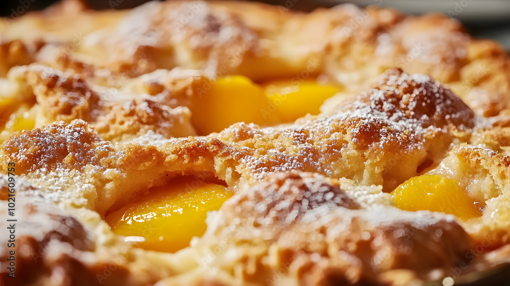 Delicious Peach Cobbler - Close-up of Baked Dessert with Sweet Peaches and Crispy Topping on Plain Background Delicious Peach Cobbler - Close-up of Baked Dessert with Sweet Peaches and Crispy Topping on Plain Background