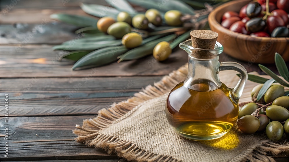 Olive oil bottle with fresh olives on rustic wooden table. Olive oil bottle with fresh olives on rustic wooden table.