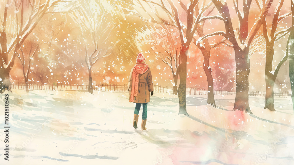 Artistic Watercolor Scene of a Woman Walking Through a Snowy City Street. Concept of Winter Wonderland, Urban Landscape, Artistic Expression, Solitude