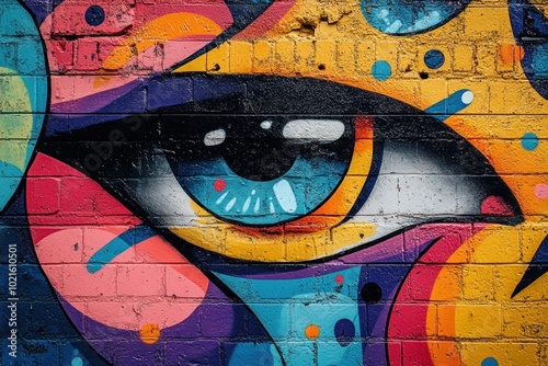 A colorful eye painted on a brick wall.