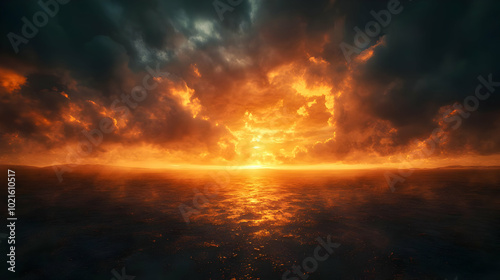 Fiery Sunset Over Ocean Landscape Illustration