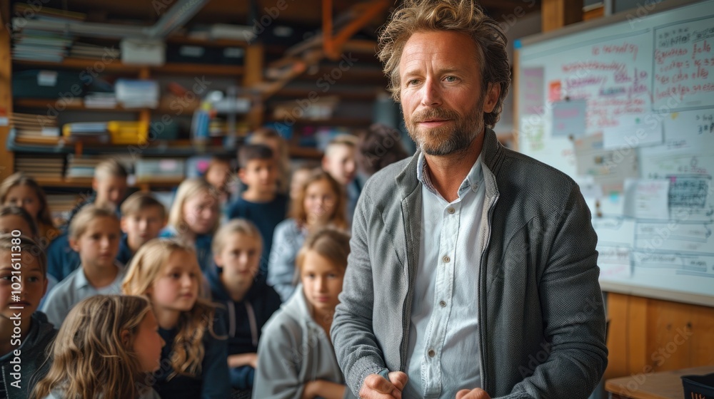 A German language teacher standing at the front of a classroom, writing German phrases on a whiteboard, engaging with students A German language teacher standing at the front of a classroom, writing German phrases on a whiteboard, engaging with students