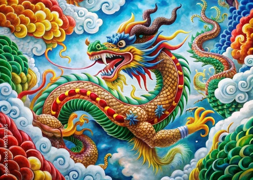 Vibrant Chinese Dragon Painting with Intricate Patterns and Rich Colors Symbolizing Power and Strength