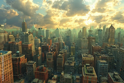 Aerial View of a Modern City at Sunset